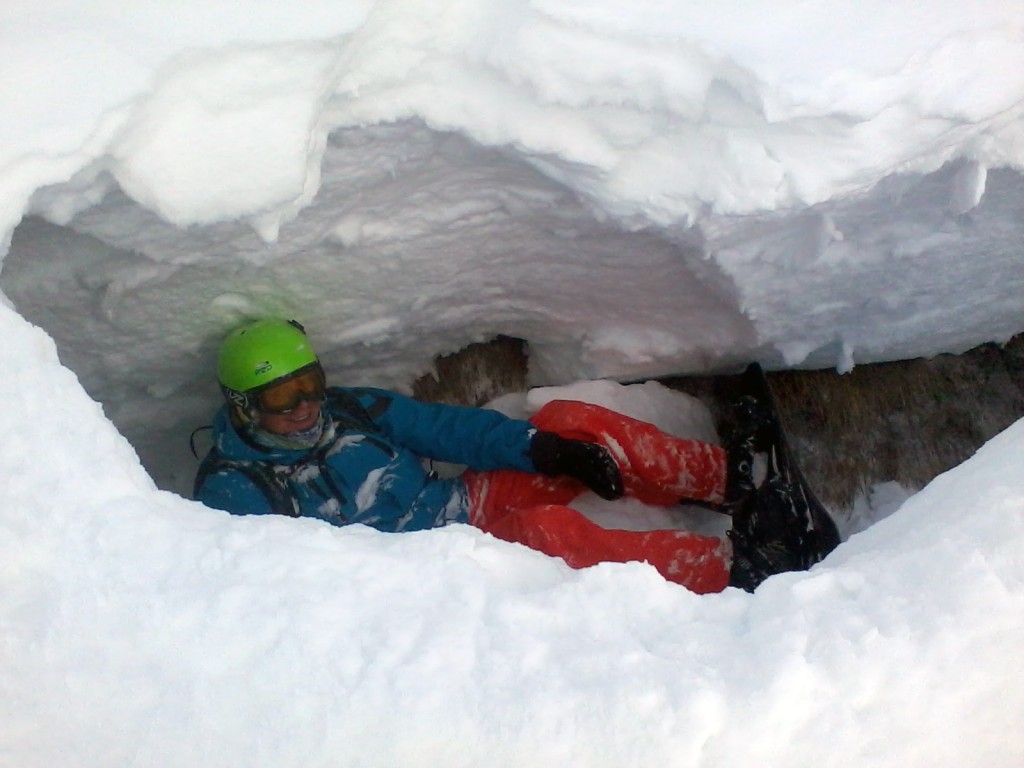 Heinzy stuck in a crack in the snowpack